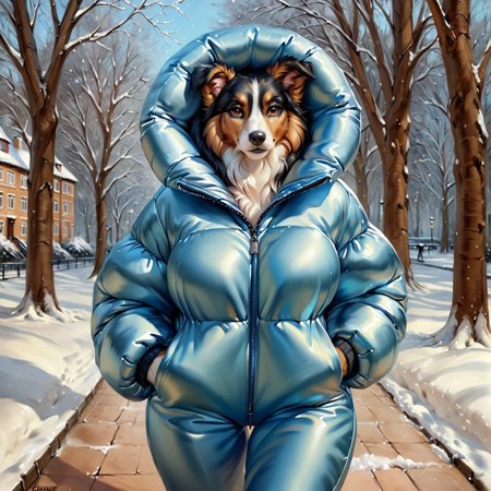 full body shot of one downsuit collie, anthro, mature female, wearing a blue, extra_puffy_jacket,  looking at the viewer, park, winter, photorealistic, highest quality, high detail, beautiful and detailed lighting, hi res, depth of field, <lora:Puffer_Jacket_and_Down_Jacket_-_Extra_Puffy_Jackets:0.7> by banni art, by chunie,