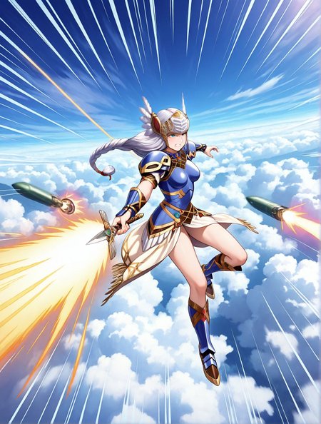 masterpiece,best quality,amazing quality,very aesthetic,absurdres,newest, huge filesize,
<lora:spo_sdxl_10ep_4k-data_lora_webui:0.5>,
<lora:add-detail-xl:1>
 official art, valkyrie profile \(series\),
clenched teeth, floating hair, <lora:Itanocircus_Illust0.1XL1:1>,Itanocircus, floating,flying,(Multiple missile:1.2),aerial battle,afterburner,glowing, lens flare, motion blur,above clouds,cloud, sky, day, laser,(explosion:0.6), emphasis lines, motion lines,speed lines, 
BREAK
<lora:Valkyrie_ProfileV1_r1:0.8>Valkyrie ProfileV1, 
1girl,
blue armor,armor,
armored dress,weapon,
sword,solo,
long hair,braid,
helmet,
feathers,
winged helmet,
v_lenneth,
