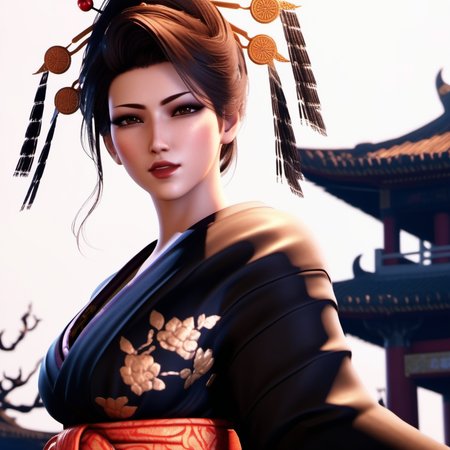 Ultra realistic extremely beautifully detailed 8k picture of 1 gorgeously cute and cool  ff7 madam m exploring a forbidden city at night, extremely detailed eyes mouth and facial features, gorgeous breathtaking composition and epic cinematic lighting <lora:ff7 madam m:0.8>