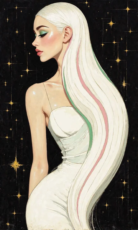 Medium shot art deco style illustration with stylized lighting presents a woman in the center, her body facing directly forward, head turned slightly right with a sleek poise, her body pose is elegantly curved to the right, forming a stylized S shape, her face is in a three-quarters view, looking towards the right side of the image with refined grace, her arms are not visible, the image is composed of clean lines and stylized forms, the woman's sleek, long white hair is the dominant element, starting from her head and flowing downwards and outwards, occupying a significant portion of the image in a smooth, wave-like design, her face displays streamlined features with large, stylized green eyes, a small, refined nose, and a subtle, elegant smile with a hint of rosy blush on her cheeks, her eyes are large and almond-shaped, framed by dark, stylized eyelashes and sleek, subtly defined eyebrows, her hair is rendered with smooth, flowing lines, primarily pure white with stylized duo pastel highlights of light green and soft pink integrated throughout its sleek strands, she is dressed in a simple white, streamlined dress, its form suggested by minimal folds and a polished appearance, appearing as a garment of art deco elegance, she wears no visible accessories, the background is a flat black color, providing a bold, contrasting backdrop that emphasizes the stylized lines and forms, stylized, even lighting illuminates the woman and her hair from the front, casting sharp, stylized shadows and highlights that accentuate the geometric forms and elegant lines of the hair and dress, a scattering of small, geometric yellow stars are sparsely distributed in the black background, adding subtle points of stylized light to the deco scene., <lora:FLUX-daubrez-DB4RZ-v2:0.35> DB4RZ, DB4RZ style painting
<lora:MoriiMee_Gothic_Niji_Style__FLUX_LoRA_Test_2:0.35>
<lora:aidmaMJ6.1_v0.5_3:0.35> aidmamj6.1, aidmamj6