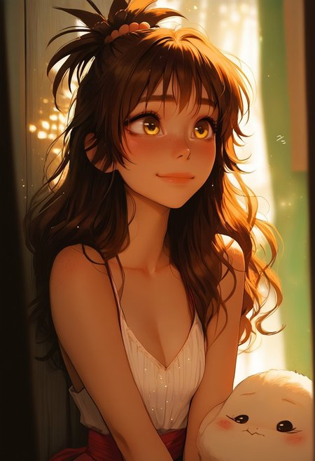 Source_anime, a woman, cute perfect face, (score_9, score_8_up, score_7_up), 1girl, 21 years old, y_mikan,brown hair,long hair,yellow eyes,hair ornament,hair bobbles, small face, cute face, adorable, femine, close up, long slender legs, perfect round butt, narrow waist, gorgeous girl, kawai girl, blush, blush nose, blushing, glitter makeup,  athletic body, long body, collarbone, blush nose, red scrunchie, cute blush, teardrop breasts, blushing, medium breasts, perky breasts, shy, smiling, detailed background, perfect hips, hipbone, cute face, cute girl, (slim fit), candid,  blurry background, light particles, ethereal, rating_explicit, dynamic angle, ncpy13