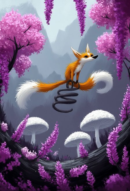A whimsical illustration of a thin, rubber-like fox with an impossibly long tail coiled like a spring, in dark whimsical art style, playfully bouncing through pink cherry blossoms and purple wisteria, digital painting with wild brushstrokes emphasizing bristly fur, foggy mountains background with white ghost mushrooms emerging from shadows, characteristic Tim Burton inspired design with gleaming violet eyes full of mischief