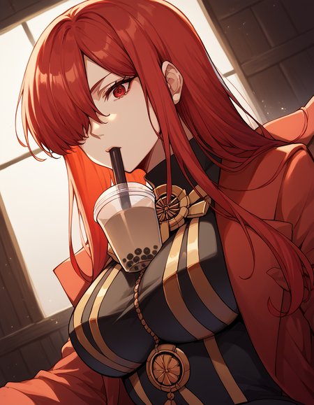 score_9, score_8_up, score_7_up, source_anime, <lora:fgo-oda-nobunaga-maou-ponyxl-lora-nochekaiser:1>, oda nobunaga maou, hair over one eye, long hair, red eyes, red hair, large breasts,, <lora:bubble-tea-challenge-ponyxl-lora-nochekaiser:1>, bubble tea challenge, bubble tea, object on breast, drinking straw, drinking straw in mouth, drinking, cup,, indoors, sitting, looking down, , cowboy shot, dutch angle