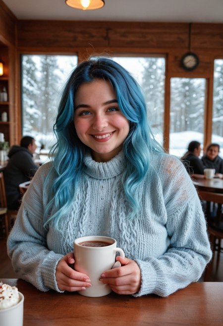 Cozy winter, woman with icy blue highlights, soft smile, chunky knit sweater, snowflakes outside, warm cafe, steaming hot chocolate on the table, realistic, photo in phst artstyle