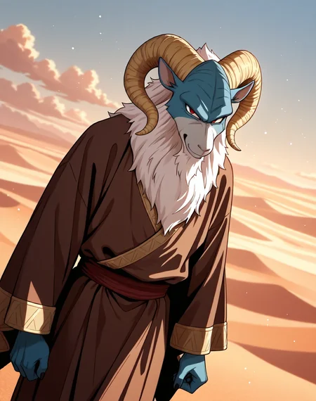 <lora:Moro_1st_Form_(Dragonball_Z)_(Illustrious)_(AD):1.35> Moro, muscular, goat,
dutch angle, exterior, desert, sky with detailed clouds,
male focus, gradient coloring, solo, cowboy shot, bent leg, perfect proportions, goat head, blue body, soft shading, evil smirk, old, aged up, frail, wrinkles, long white beard, thin waist, tattered brown robes, 
BREAK very awe, aesthetically pleasing, masterpiece, best quality, amazing quality, very aesthetic, perfect depth of field shot, in'ei, furry_art, source_furry, source_anime,
EZRealPONYXL, zPDXL, Smooth Quality, lazympos, IllustQualXL_Pos,
