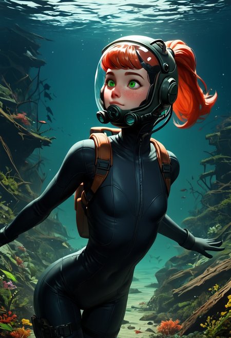 1woman, Masterpiece, 4k, ultra high detail, score_9, score_8_up, score_8, 21yo,  small breast size, long red ponytail hair, fcNeg, stunning green eyes, freckles, white skin, small nose, innocent beauty, slim face,  skinny body, perfect body, supermodel, 
Old_diving_gear, dark _divingsuit, glass_helmet, 
Dark Underwater_ruins, very_dark, less_green_light, 
Sunken city, floated ruins, dark night, 
negative_hand, NightScapes, creepy_night, Diving Suit, 18th centuary diving suit, old diving suit,