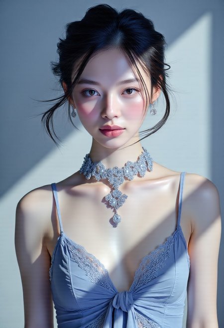 mwv7_alpha_v01,2D fashion Studio Ghibli Dark Fairytale, illustration of a woman with pale, flawless skin, ( portrait consists of her midriff ) High quality, highly detailed, hyper-realistic, 8K, masterpiece, digital painting. A young Asian woman with porcelain-smooth, pearlescent skin that glows subtly with opalescent highlights. Her refined features—sharp jawline, delicate nose, and glossed garnet lips—give her an ethereal allure. Her almond eyes are deep-set with violet shimmer and delicate cat-eye liner. She has a short, sleek black bob with sharp bangs, slightly tousled with a matte finish. She's dressed in a semi-sheer, icy blue silk camisole with thin straps, embroidered with delicate silver constellations, clinging tightly across her chest. Her neck is adorned with a choker made of translucent crystal petals. Chrome hexagon earrings shimmer with prismatic refraction. Background: a soft gradient from moonlit blue at the top to pale cyan below, glowing with a cool dreamlike tone. Style is sleek, futuristic elegance, with her midriff subtly defined and gently illuminated. (girl, pinkprismaticglow, Zen Ink Wash Sumi-e, Perfect hand, ArsMJStyle, 0utp0st style), (((fabric subtly ripples across her chest, clinging to her curves)))