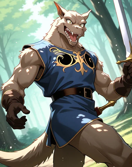 <lora:Kobold_(Record_of_Lodoss_War)_(Illustrious)_(AD):1> kobold, muscular, Record of Lodoss War, 
dutch angle, exterior, battleground, dynamic action, dutch angle, fantasy forest, nature landscape, 
kobold soldier, no pants, fur tail, furry body, cowboy shot, sword, bent leg, twisted torso, male chest focus, mocking expression, 
BREAKvery awe, aesthetically pleasing, masterpiece, best quality, amazing quality, very aesthetic, perfect depth of field shot, masterclass color theory, in'ei, gradient style coloring, source_anime, masterclass anime, 
EZRealPONYXL, zPDXL, Smooth Quality, lazympos, IllustQualXL_Pos, lazynsfw,