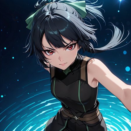 score_9, score_8_up, score_7_up, dynamic view, eye_focus, solo, looking_at_viewer, 1girl, 
masterpiece, best quality, bokeh, luminescent background,
( jasmine flamesworth,, black hair, pony tail, long hair, hair ribbon, green ribbon, red eyes,  small breasts,, sleeveless shirt, black shirt, brown belt, black pants, short boots, black boots,  ,  )
portrait, happy