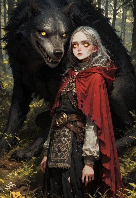score_9, score_8_up, score_7_up, score_6_up,  <lora:cr33pp41nt:1> cr33pp41nt, 1girl, platinum blond hair, innocent, red hood and cape, torn clothing, dark forest, wolf, feral, sharp fangs, yellow eyes, wolf chasing girl, Expressiveh