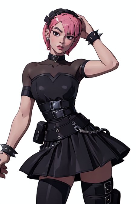 masterpiece,best quality,face detail,extreme detail,8k,white background,<lora:minapark:0.7>,minapark,1girl,solo,looking at viewer,short hair,skirt,thighhighs,dress,jewelry,standing,pink hair,choker,belt,black thighhighs,black eyes,black dress,bracelet,thigh strap,spikes,pouch,spiked bracelet,gothic,wide hips,