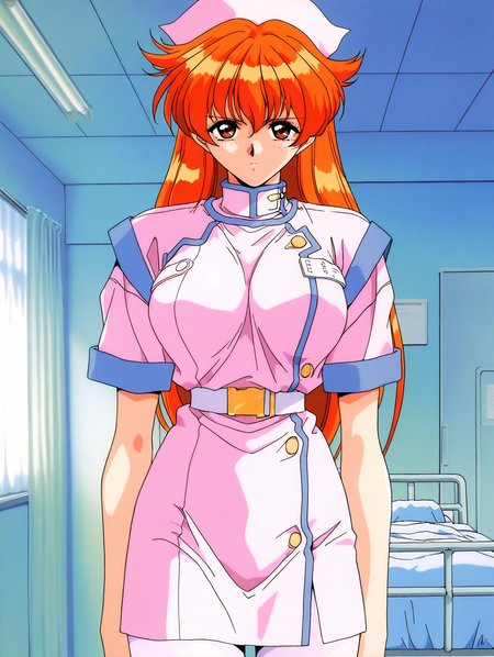 masterpiece, best quality, good quality, <lora:Nogiwa_Miho_OVA_IS:1>
Nogiwa_Miho_OVA, long hair, orange hair, bangs, brown eyes, large breasts, 1990s (style) 1girl, solo, nurse, hat, pantyhose, nurse cap, serious, hospital room, looking at viewer, white pantyhose, belt, short sleeves,