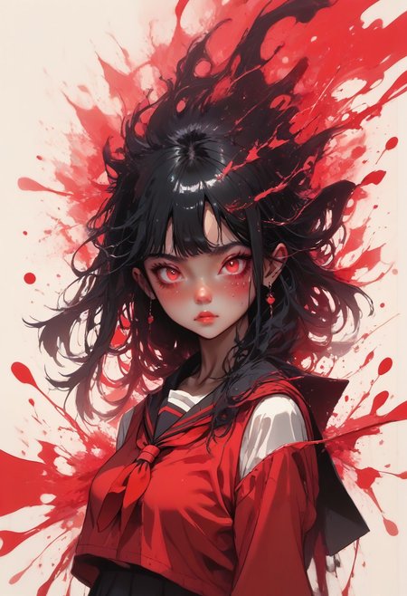 score_9, score_7_up,  1girl, red eyes, black hair, hourglass figure:1.3,  seifuku:1.4, monochrome:1.4, color splash:1, high contrast, masterpiece, best quality
