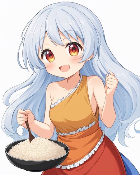 sakata nemuno,1girl, solo, rice, open_mouth, holding_bowl, white_background, rice_bowl, simple_background, smile, fang, one-hour_drawing_challenge, shamoji, single_strap, multicolored_dress, blush_stickers, orange_dress, white_apron, ^_^, red_dress, food, bare_shoulders
<lora:sakata_nemuno_image573_2023-12-20-000015:1>,star-shaped_pupils,symbol-shaped_pupils,. gorgeous,key visual, vibrant, studio anime,award-winning, professional, highly detailed,high budget, cinemascope