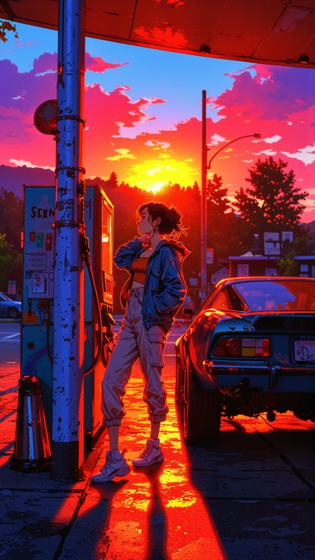 Niji_anime, High-resolution anime-style illustration with bold painterly textures, vibrant metallic colors in the environment, and dynamic sunset lighting. A young woman leans against an old gas pump at a roadside station, bathed in the fiery orange and deep magenta hues of the setting sun. Her chestnut-brown hair is tied into a messy side braid, a few strands catching the evening breeze as she adjusts the sleeve of her light, oversized denim jacket. She wears a ribbed, burnt-orange crop top, tucked into high-waisted beige cargo pants, cinched at the ankles, with scuffed white sneakers completing her relaxed yet stylish look. The cracked asphalt reflects neon reds and blues from the station canopy, while a sleek, metallic-blue vending machine hums softly beside her, its colorful drinks glowing behind the glass. A vintage sports car with a chrome finish sits parked by the pumps, mirroring the brilliant gradient of the sky. In the background, distant hills fade into deep purple silhouettes, and a flickering roadside sign casts shifting shadows over the quiet, open highway <lora:Anime_Art_V3:0.7000000000000001> <lora:Evangelion_Post-impact_Apocalyptic_Style_Flux.1_D_by_AutoPastel-000019:0.9> <lora:Niji_anime_style_flux:0.6>