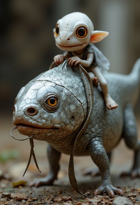 Capture the essence of a silverfish in intricate detail: its shimmering, silver-scaled skin, with a close-up view revealing the intricate features of its face and insect-like eyes. Perched atop its back, a gleeful Busty smoke elfish creature pulls firmly on the reins of its silverfish steed.