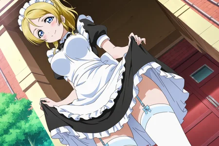 anime screencap, anime coloring, detailed face, masterpiece, best quality, very aesthetic, absurdres, volumetric lighting, official style, amazing quality, ultra detailed, highres, amazing quality, scenery, beautiful detailed hair, beautiful detailed eyes,
<lora:StS-Illustrious-Detail-Slider-v1.0:4>
 <lora:Eli_Ayase_Love_Live:1>
outdoors,
Eli Ayase (character), 1girl, ayase eli, blonde hair, solo, maid, blue eyes, thighhighs, garter straps, ponytail, smile, maid headdress, apron, white thighhighs, from below, clothes lift, blush, dutch angle
