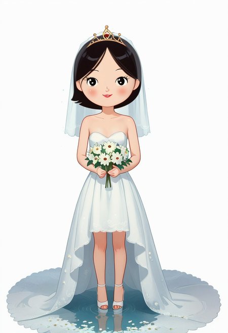 zPDXL3, source_cartoon, Perfect Hands, full body, 1girl, solo, saoirse, black hair, black eyes, blush, short hair, smile, Red Lipstick Full body, barefoot, Perfect Hands, perfect barefoot, perfect Small flat chest natural breasts; Wedding dress, Wedding veil, Golden tiara, white high heels sandals, white background looking at viewer,