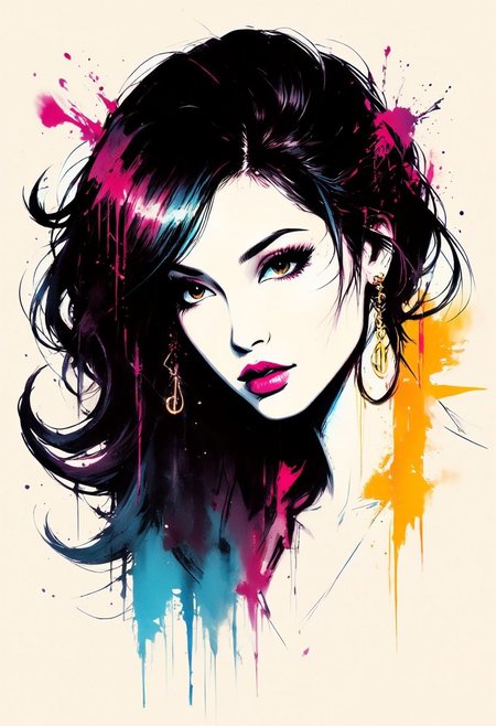 Silhouette Art, magnificent, ck-rw, in the style of ck-rw,, inksplash portrait of stunning oriental woman, long hair, seductive, sultry, lustful, red lips, direct gaze, light hitting one side of face, gradient colour background