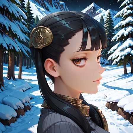 <lora:ChamIllustriousBackgroundEnhancer:0.5>, masterpiece, very aesthetic, absurdres, best quality, amazing quality, high resolution, newest, very awa, scenery,  (looking at viewer),  <lora:spo_sdxl_10ep_4k-data_lora_Illustrious:0.8> <lora:StabilizerIllustrious:0.8> , masterpiece, beautifully drawn, elegantly detailed, solo,  <lora:AsheiIL:0.8> , AshDef, 1girl, black hair, twintails, hair over shoulder, brown eyes, bags under eyes, hair ornament, gorget, grey sweater, ribbed sweater, single pauldron, looking at viewer, exterior, forest, snow, mountains, night, (close-up), portrait, centered, from side,