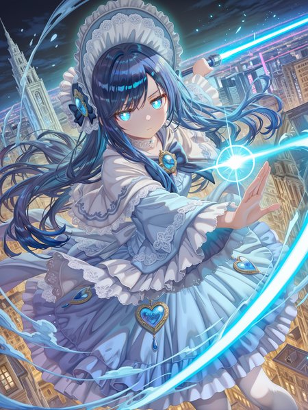 1girl,(artist:ningen_mame:0.9),(artist:sho_(sho_lwlw):0.9),artist:torino aqua,cuique,brooch,bonnet,capelet,blue hair,himecut,long hair,floating hair,swept bangs,lace choker,blue dress,blue eyes,jitome,fighting stance,magical girl,dynamic angle,wide sleeves,white pantyhose,glowing eyes,aura,lighting particles,floating,at night,in the sky,city scape,serious,casting spell,holding blue beam saber,best quality,rich details,very aesthetic,intricate details
,masterpiece,best quality,amazing quality,