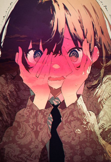(by potg \(piotegu\), by hebitsukai:1.25),  film grain, limited palette, flat color, realistic,
masterpiece, best quality, amazing quality, very aesthetic, 
brown theme, 
1girl, @_@, upper body shot, wavy mouth, trembling, big eyes, full-face blush, covering face, 
<lora:nhl-001-20:0.9> nhl-001