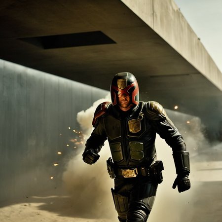 cinematic film still of  <lora:Judge Dredd:1>
Judge Dredd a man in a black suit is running through a tunnel with an explosion in background, shallow depth of field, vignette, highly detailed, high budget, bokeh, cinemascope, moody, epic, gorgeous, film grain, grainy