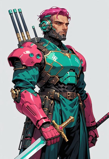 score_9, score_8_up, score_7_up, mechanical armor, solo, robot, holding, standing, male focus, simple background, armor, holding sword, shoulder armor, gauntlets, full armor,  Mint Green and Magenta,
 <lora:ArmorPunkV4:1> arm0rpunkv4,