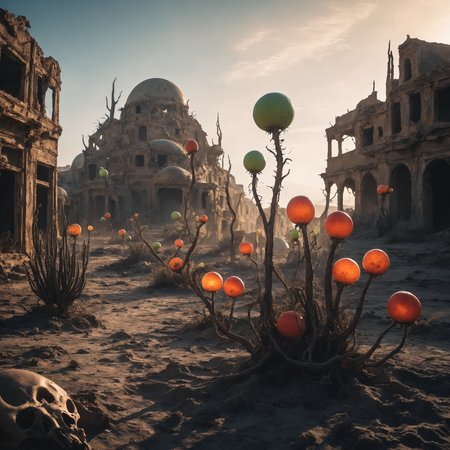 Create an eerie, desolate wasteland scene where otherworldly plants have overtaken the remnants of human civilization. Alien-looking flora with glowing fruits and bizarre, twisted forms sprout from cracked, arid soil, surrounding the skeletal remains of old buildings. The sky is a perpetual dusk, casting a surreal glow that reflects off the strange vegetation, suggesting an alien conquest of Earth. Photorealistic, Cinematic, Bokeh.
<lora:add-detail-xl:1> <lora:MJ52:0.2>
