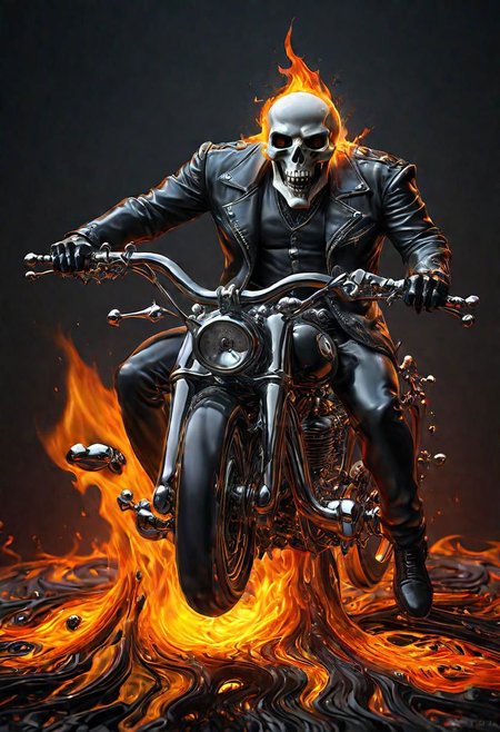(masterpiece))
A etheral Ghost Rider,
HDR, hyper realistic, 
Black goo,
godly auburn light, flames, damned soul,