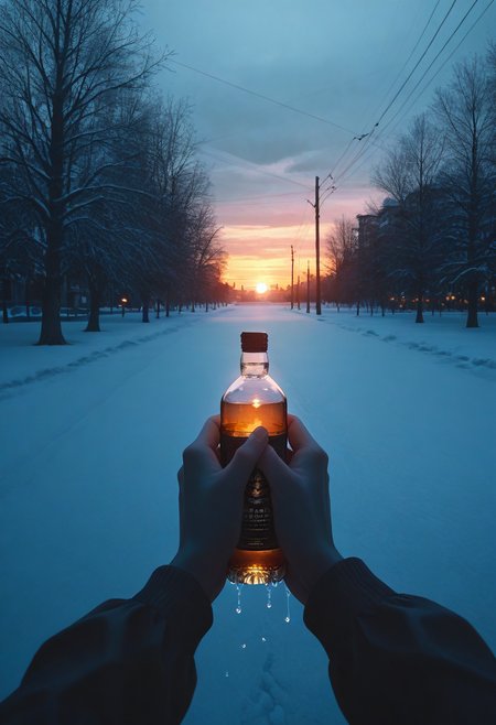 cinematic photo night shot of golden hour shot of blue hour shot of (masterpiece), (best quality), (ultra-detailed), looking at viewer, 
<lora:dark_v1.9-pony:0.9> dark theme,<lora:NOOB_vp1_detailer_by_volnovik_v1:1.4>  <lora:ebenya:0.8> ebenya, building, outdoors, city, rainy day in a small Russian town,  overcast weather, wet trees,  tree,   a disheveled man lying in a snowdrift on a cold winter street, worn-out clothes covered in snow, a bottle of cheap alcohol clutched in his hand, pale and unshaven face, frost on his eyebrows, dim streetlights casting a faint glow, empty and quiet urban surroundings, a sense of loneliness and despair, from above. Cool light, twilight, peaceful, moody. Warm light, sunset/sunrise, magical, serene. Dark, lit, moody, mysterious . 35mm photograph, film, bokeh, professional, 4k, highly detailed