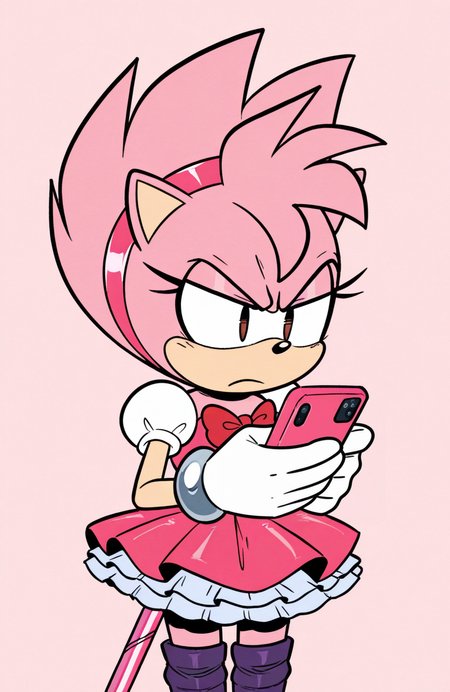 1girl, solo, magical girl outfit, puffed sleeves, layered skirt, thighhighs, gloves, bow, magical staff, standing, looking at phone, slight scowl, furrowed brows, annoyed vibe,
 <lora:qqLettuce:0.8> qqlttc, furry, <lora:AmyTekno:0.8> fleet-amy, spiked hair, pink fur, brown eyes, extremely detailed, highres, masterpiece, best quality