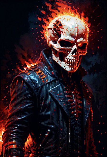 Pixel, Blazing Skeleton Knight, flames on a dark background, strong contrast between light and dark, highlighting the skull and flames, black, orange-red flames, mystery and power, close-up of the front, the skeleton occupies the center