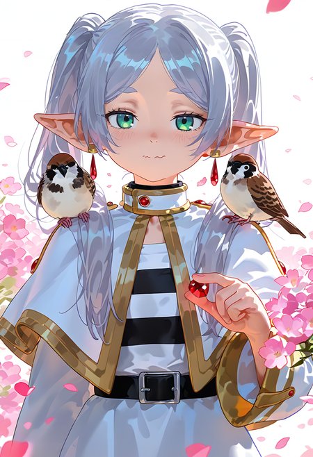 1girl, frieren, sousou no frieren, animal on shoulder, bird, bird on shoulder, black shirt, capelet, closed mouth, elf, eurasian tree sparrow, flat chest, fluffed up, fluffy, gold trim, green eyes, grey hair, long hair, parted bangs, pointy ears, shirt, simple background, smile, solo, sparrow, striped clothes, striped shirt, twintails, upper body, white capelet, white shirt, holding, looking at viewer, bird on hand, flower, gold choker, jewelry, holding animal, pink flower, long sleeves, red gemstone, wavy mouth, petals, gem, white background, blush, hair over shoulder, earrings, dangle earrings, straight-on, collared shirt<lora:nyaliaXL_NB11_lokr_V531:0.95>