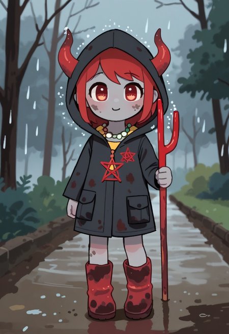 score_9, score_8_up, score_7_up, BREAK
highres, highly detailed, high resolution, high quality, 
source_anime, anime screencap, saturation, vivid colors, 
1girl, solo, luce, full body, standing, demon girl,
(dark red hair:1.2), (big dark red eyes:1.1), medium hair, cute, (grey skin:1.1), (horns:1.2), 
(long black raincoat:1.1), dirty black rubber boots, 
pentagram necklace, holding red trident, 
cute, bokeh,
blurry background, forest background, path, rain, 
stkyswt