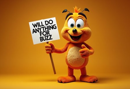 incredibly accurate photo-realistic photo of Buzz the Mascot for Honey Nut Cheerios, in a coquettish suggestive pose, Holding sign that reads "WILL DO ANYTHING FOR BUZZ"
