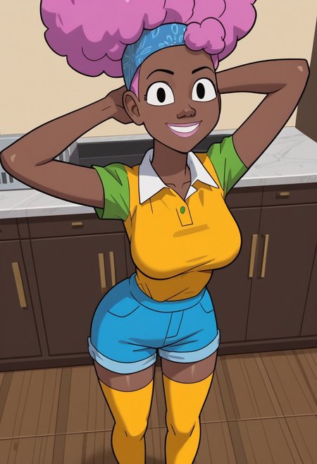 ((room background)),score_9, score_8_up, score_7_up,score_6_up, 
1girl, solo, Harriet_CH, dark brown skin, black eyes, orchid hair, blue head bandana, afro puff, voluminous fluffy Hair, yellow and green polo shirt, light blue skinny shorts, yellow thigh high socks, black ballet flats, big eyes, cute, tall stature, social smile, perfect eyes, perfect smile, looking at the viewer, detailed eyes, perfect eyes, standing, big breasts (front pose, front view, full body shot, high angle view:1) five fingers, perfect hands, (hand on hip, hand behind head)