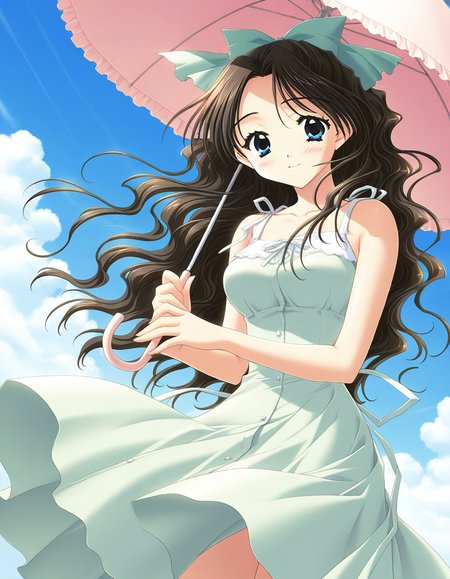 general,highres, ultra-detailed,very aesthetic,best quality ,best hands,  BREAK <lora:Shirai_Yuuri_IS:1>ShiraiYuuri, 1girl, long hair, brown hair, blue eyes, hair bow, ribbon, black hair, wavy hair, hair ribbon, breasts,light smile,
1girl, solo, umbrella, light green dress, day, wind, ribbon, long hair, blue eyes, black hair, hair ribbon, dutch angle, sundress, cloud, parasol, outdoors, sky, wind lift, smile, blush, wavy hair