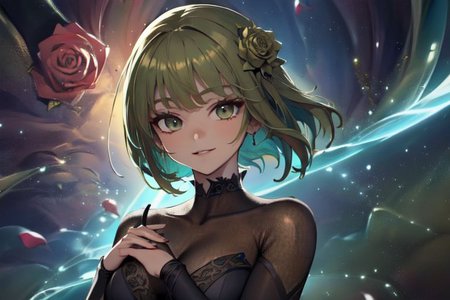 (masterpiece:1.4), 4K8K, (anime style), (high shutterspeed:1.4), (sharp edges), 
SyFyEye1, FanFo, 
1woman  hands togather,  leaning foward, face focus, smile, closed mouth, 
wearing Celtic style dress, (Detailed face, Detailed eyes, Detailed lips), (solo), 
olive hair, any colored roses, Fantastic, turf,