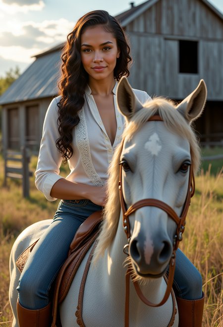 full body view, She is approximately 18 years old. Hyperrealism, she is looking at the camera, (dynamic angles), profile headshots of a beautiful, stunning unique female character.  she has long  dark hair. her eyes are filled with joy and excitement, extravagant eyelashes. a photo of BGv2, she is wearing a white frilly shirt. and denim blue jeans. The woman is posing confidently. a barn and tall grass in the background. She has a slight smile on her face and is looking directly at the camera. making this image a masterpiece of photography and digital art. realistic. making this image a masterpiece of photography and digital art. Style: realistic hyper-detailed rendering, 32k UHD, expressive eyes, punk, graphic design, girl's face, pretty and cute, gleaming lips, telling a tale of adventure. Exuding confidence and serenity. The overall mood of the image is happy and relaxed,detailed skin texture,(blush:0.2),(goosebumps:0.3),subsurface scattering,whimsical,Detailed hand, Perfect hand. Perfection style. is posing on a grey horse. she is wearing brown leather boots. She is wearing a white shirt and blue denim pants. The scene is set outdoors, there is a barn is visible in the background. The photo is taken in a full body shot, focusing on BGv2 and her horse.. making this image a masterpiece of photography and digital art. realistic. making this image a masterpiece of photography and digital art. Style: realistic hyper-detailed rendering, 32k UHD, expressive eyes, punk, graphic design, girl's face, pretty and cute, gleaming lips, telling a tale of adventure. Exuding confidence and serenity. The overall mood of the image is happy and relaxed,detailed skin texture,(blush:0.2),(goosebumps:0.3),subsurface scattering,whimsical,Detailed hand, Perfect hand. Perfection style.