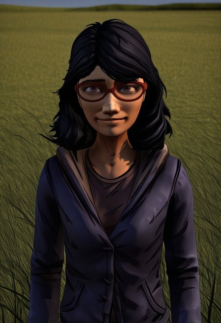 Half body, 3D, Sarah, 1girl, alone, long black hair, red glasses, hooded jacket, partially unbuttoned, 
Sarah smiling as her hair moves in the wind. A field in the background.