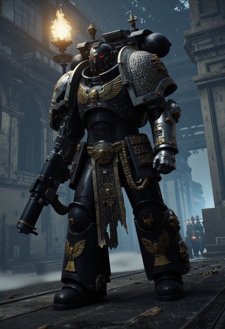 (Masterpiece, ultra-realistic, 32k, best quality, hyper-detailed, cinematic lighting, intricate textures, photorealistic, dramatic composition, immersive depth.)
Golden runes and cybernectic line decorate, Grimmdark, darktale, machanical, Elden rings. Empty space, Interstellar cosmic background.
In foreground, A brutalist Astartes, strides across a post-apocalyptic ruin Temple, fighting stance. Its massive armored frame, adorned with gilded plating, pulses with glowing cybernetic runes, blending divine authority with cold mechanical precision. Black mix Golden. 
armed with bolter gun.
On the space deck. In mid ground-MG, giant Gothic-mechanical Cathedral nearby.
A dynamic wide-angle shot, with lowkey lighting, deep atmospheric contrast, and high cinematic tension, captures the monumental scale of this gothic-cybernetic war titan.