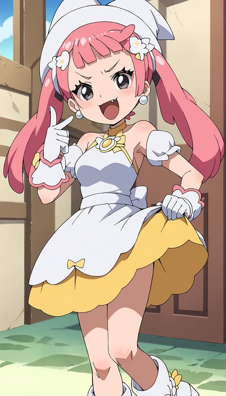 anime artwork of score 9,score_8_up,score_7_up,source_anime,masterpiece,best quality,
BREAK
(sango:1.8),1girl,(short twintails:1.2),pink hair,multicolored hair,medium hair,v-shaped eyebrows,sidelocks,skin fang,grey eyes,medium breasts,shiny skin,solo,
BREAK
(hanawitch:1.5),magical girl,(yellow frills:1.5),jewelry,(white boots:1.2),earrings,(white skirt:1.1),(white witch hat:1.1),(white dress:1.1),white footwear,(wing ornament:1.5),(ribbon ornament:1.5),hairclip,white gloves,puffy sleeves,
BREAK
<lora:hana_makihatayama_xl_for_pony_xl_v01:0.7>,<lora:sango.pony:1>,
