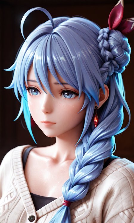 masterpiece, best quality, very aesthetic, absurdres, detailed, detailed background, BREAK, phoena/(cc/),1girl,solo,blue eyes,blue hair,long hair,bangs,hair ornament,hair ribbon,hair between eyes,braid,single braid,hair bun,single hair bun,hair over shoulder,ahoge,earrings,