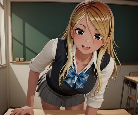 masterpiece, best quality, amazing quality, , 1girl, solo, looking at viewer, classroom,   <lora:New Kizuna AI ILL-v2:1> newkizunaai, 3d,smile, open mouth,  izumi mei, dark skin, blonde hair, multicolored hair, gradient hair, long hair, black eyes,gyaru,  school uniform, black sweater vest, white shirt, collared shirt, blue bow, plaid bow, sleeves rolled up, grey skirt, pleated skirt, miniskirt