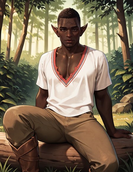 masterpiece, best quality, absurdres, newest, perfect quality, best quality, absolutely eye-catching, detailed background, intricate details, realistic, male focus, <lora:Dragon Age Veilguard - Davrin - Illustrious-000009:0.7>,  dav_davrin, 1boy, mature male, elf, pointy ears, very dark skin, curly hair, buzz cut, dark brown eyes, facial tattoo, white shirt, v-neck, pants, boots, contrapposto, looking at viewer, outdoors, forest, sitting on log
