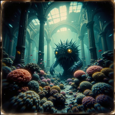 extremely detailed, golden ratio, very aesthetic, dramatic, strange and otherworldly scenery, award-winning pinhole photography, retrofuturism style, the legendary "dramatic kleptogrompf" is a gigantic mythical underwater creature, its large iridescent eyes and blibberblab glisten as it flordoodles through a recoddermented coral reef with its vibrant sea life and the submerged obviatoric ruins of planet "nicetoo vi", detailed background, aidmafluxproultra, <lora:flux_pro_ultra-extreme_detailer-v0.1-flux-by_aidma:0.6> <lora:style-eldritch_pinhole_photography-flux-by_eldritchadam:0.8>