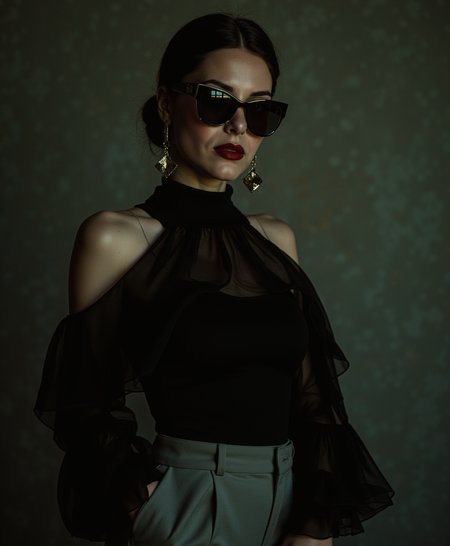 In this evocative and captivating masterpiece/ we find ourselves drawn into an intimate/ atmospheric setting that exudes cool sophistication/ subtle rebellion/ and a hint of cheeky sensuality. At the heart of it all stands a young woman with light skin and dark brown hair styled in a sleek low bun/ giving her an elegant polished appearance. The large sunglasses she wears/ with black lenses and a gold frame/ rest low on the bridge of her nose/ revealing a sharp sideways glance directed at the screen/ further emphasizing her bold and confident attitude. Her eyes are visible from the front/ adding to the dynamic nature of this portrayal - she is not merely posing for the viewer but actively engaging with something just out of sight.
The woman's poised and alluring stance takes center stage/ while a delicate balance between femininity and modern sophistication can be seen in her attire. She wears a high-neck black turtleneck top paired with tailored light grey trousers/ accessorized by long/ dangling earrings in black and gold tones that add a subtle touch of elegance to the overall look. Her upper body is the focal point here; her face slightly blurred due to depth-of-field techniques that further emphasize her sensual pose within the muted intimate setting.
Her off-the-shoulder blouse/ made from soft/ flowing fabric/ drapes elegantly over her shoulders and adds a touch of femininity to the scene while providing visual contrast with the structured trousers she wears/ creating a harmonious balance that underscores her modern