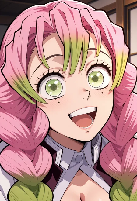 newest, masterpiece, best quality, 4k,
indoors, very aesthetic, detailed background, face focus,
1girls, solo,  <lora:Misturi Kanroji - Demon Slayer:1> mitsur1_kanroj1, kanroji mitsuri, long hair, pink hair, green hair, multicolored hair, gradient hair, twin braids, green eyes, mole under eye, breasts, cleavage, demon slayer uniform,happy, smile, open mouth