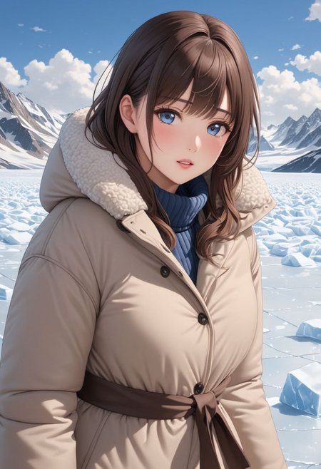 ((((masterpiece)))), ((((best quality)))), ((intricate details)), ((((photorealistic)))), RAW, 8K UHD, (1girl), (office lady), a realistic representation of the face, detailed face, beautiful face, charming, bonny, (erotic face), (long messy brown hair), (blue eyes), ((((Oversized sherpa padded down coat)))), ((walking on icefield)), (cold), dynamic pose, (((blush))), (((heavy breathing))), (((feels orgasm))), wind, (Thick padded collar:1.4), (TSH:1.4), (Thick padded cuffs:1.4)